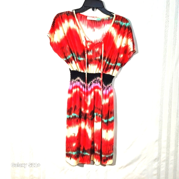 ACE FASHION MULTICOLOR MIDI DRESS WITH ELASTIC WAISTBAND SIZE LARGE - Picture 1 of 9